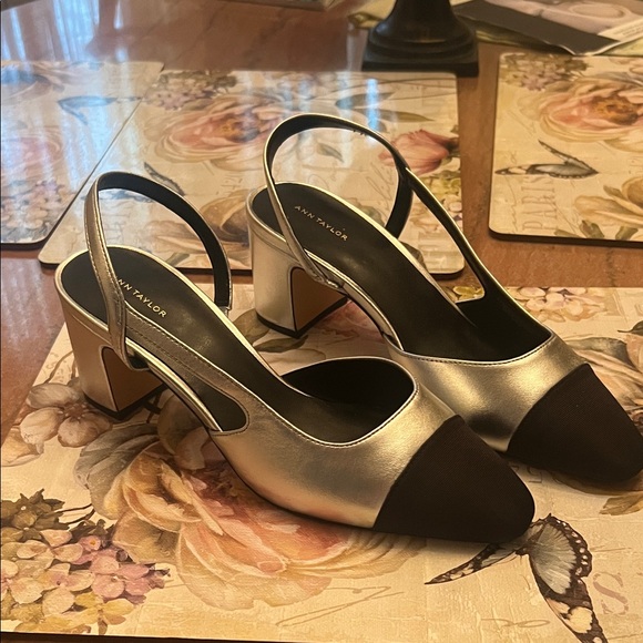 Ann Taylor Shoes - Ann Taylor Metallic Silver Slingback Block Heels with Black Cap Toe